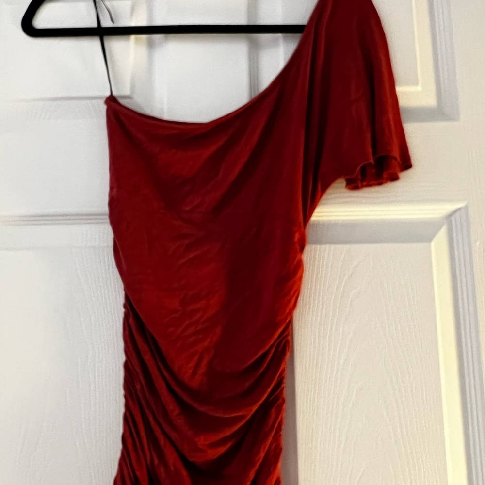 One shoulder rust orange top